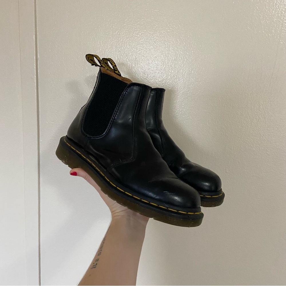 Dr. Martens Black Leather Chelsea Ankle Boots with Yellow Stitching